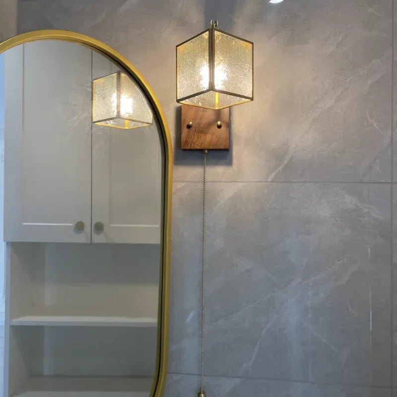 Afralia™ LED Walnut Wood Cube Glass Wall Light with Pull Chain Switch