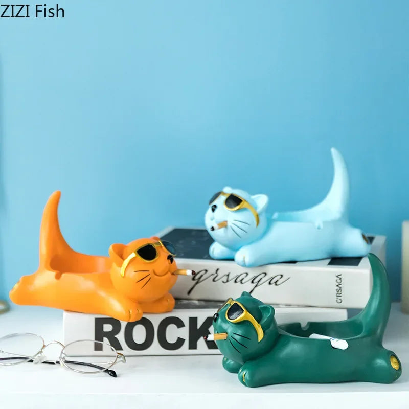 Afralia™ Cute Glasses Cat Ashtray Smoking Accessories Cartoon Animal Shape Gifts Semi-Branded