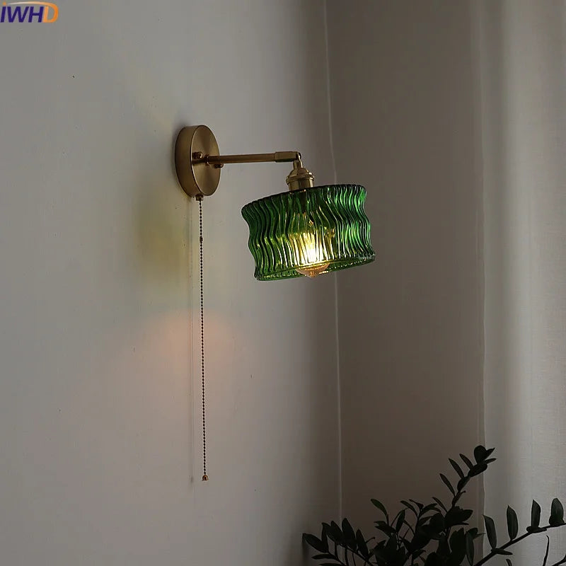 Afralia™ LED Glass Copper Wall Sconce Pull Chain Switch Lamp for Bedroom Living Room