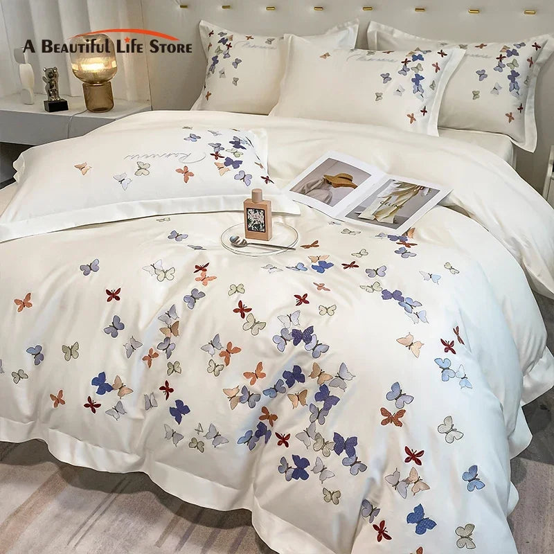 Afralia™ Butterfly Embroidery Cotton Luxury Bedding Set - 4Pcs