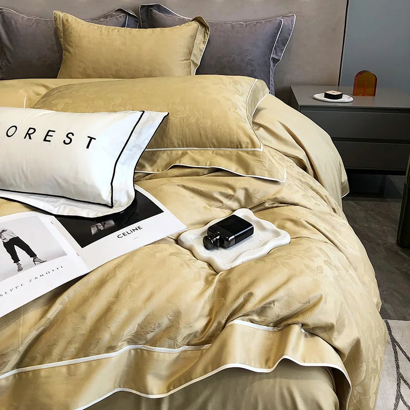 Afralia™ Jacquard Satin & Egyptian Cotton Patchwork Bedding Set - 4pcs