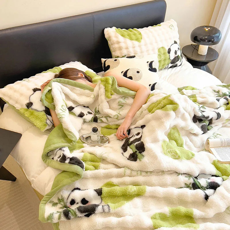 Afralia™ Cartoon Printed Faux Rabbit Plush Thick Blanket for Office Nap and Sofa Warmth