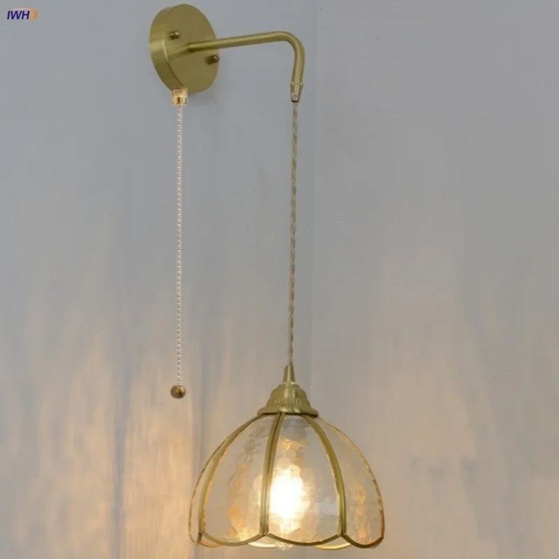 Afralia™ Glass Brass LED Wall Sconce Pull Chain Switch Vintage Vanity Light