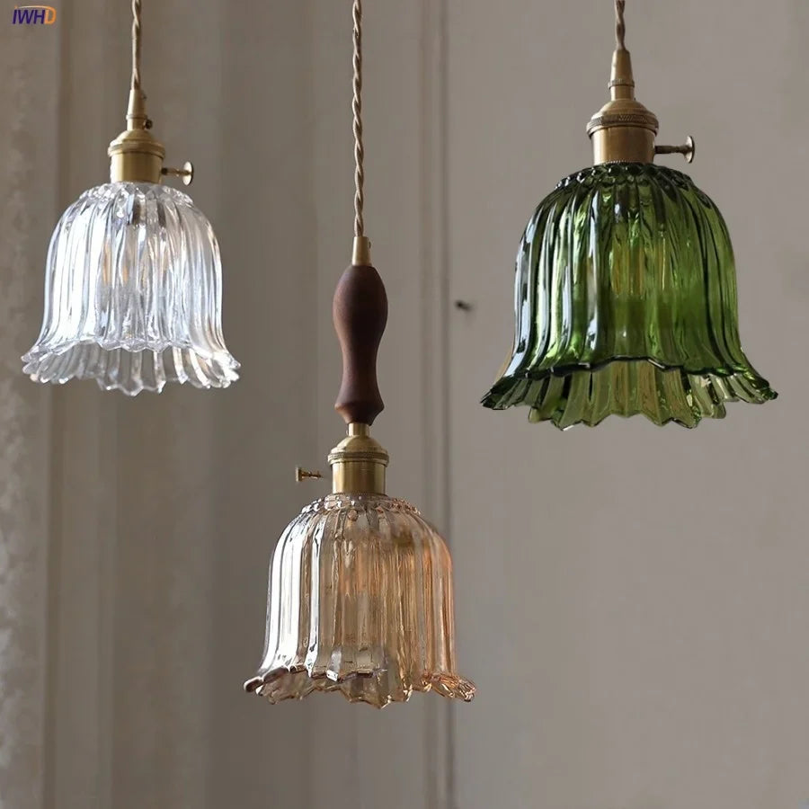 Afralia™ Walnut Wood LED Pendant Light Fixture with Glass Lampshade and Knob Switch