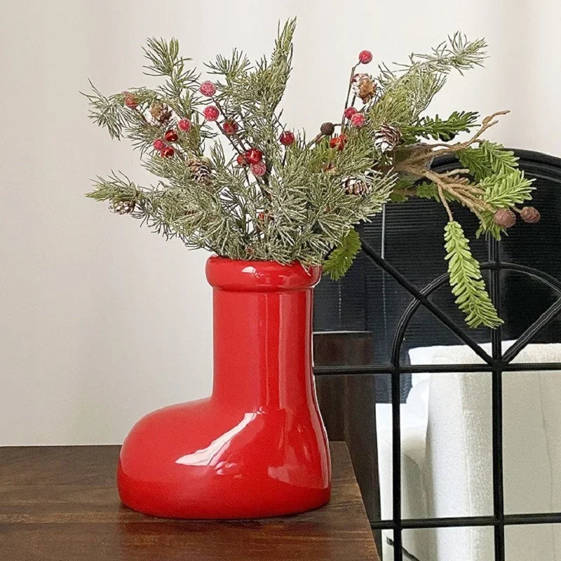 Afralia™ Red Shoes Ceramic Vase Boots Flower Pot Home Decor Floral Arrangement