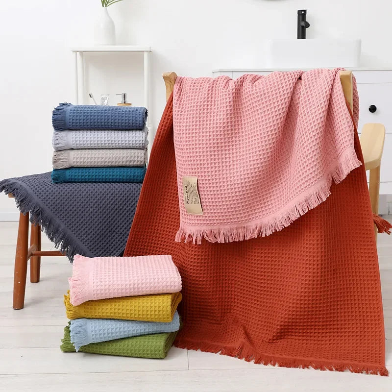 Afralia™ Geometric Tassel Bath Towel - 100% Cotton, Quick-Dry, Multi-colored Waffle Design - 90x180cm