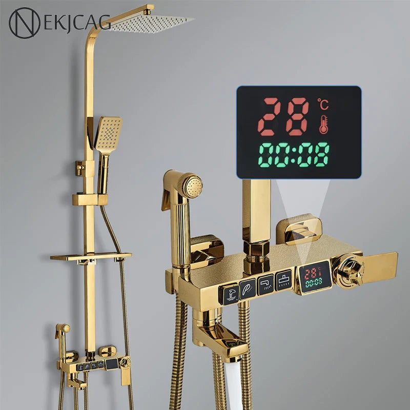 Afralia™ Digital Display Thermostatic Shower Faucet Set with Rain Shower Column, Black