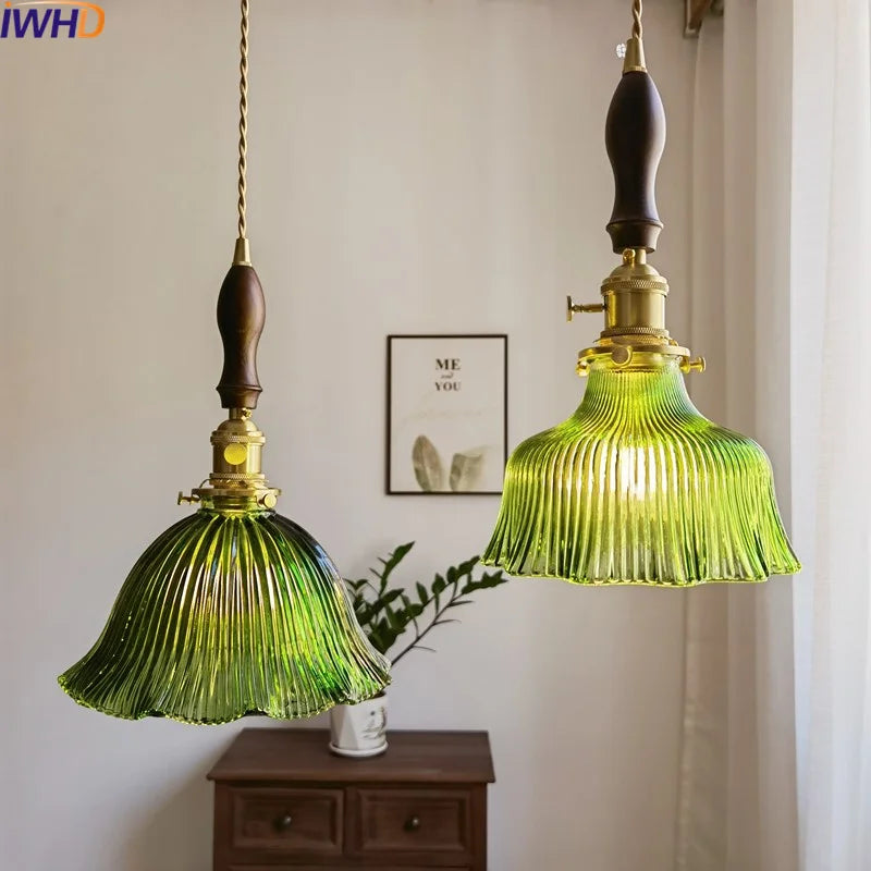 Afralia™ Japanese Style Green Glass LED Pendant Chandelier for Home Decor
