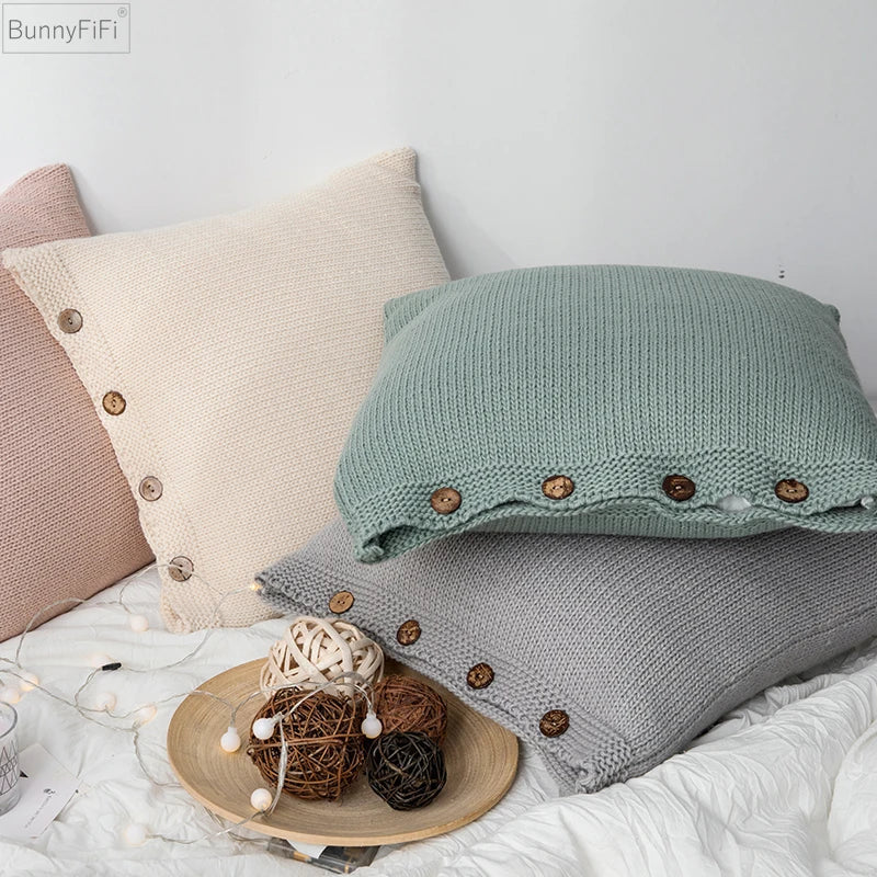Afralia™ Soft Cotton Knit Cushion Cover in Vintage Ivory Grey Pink Green Solid - 45cm*45cm