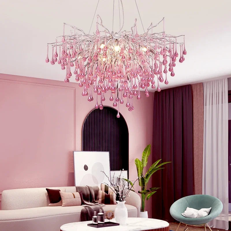 Afralia™ Pink Crystal Chandelier Chrome Ceiling Living Room Light Luxury Chandelier