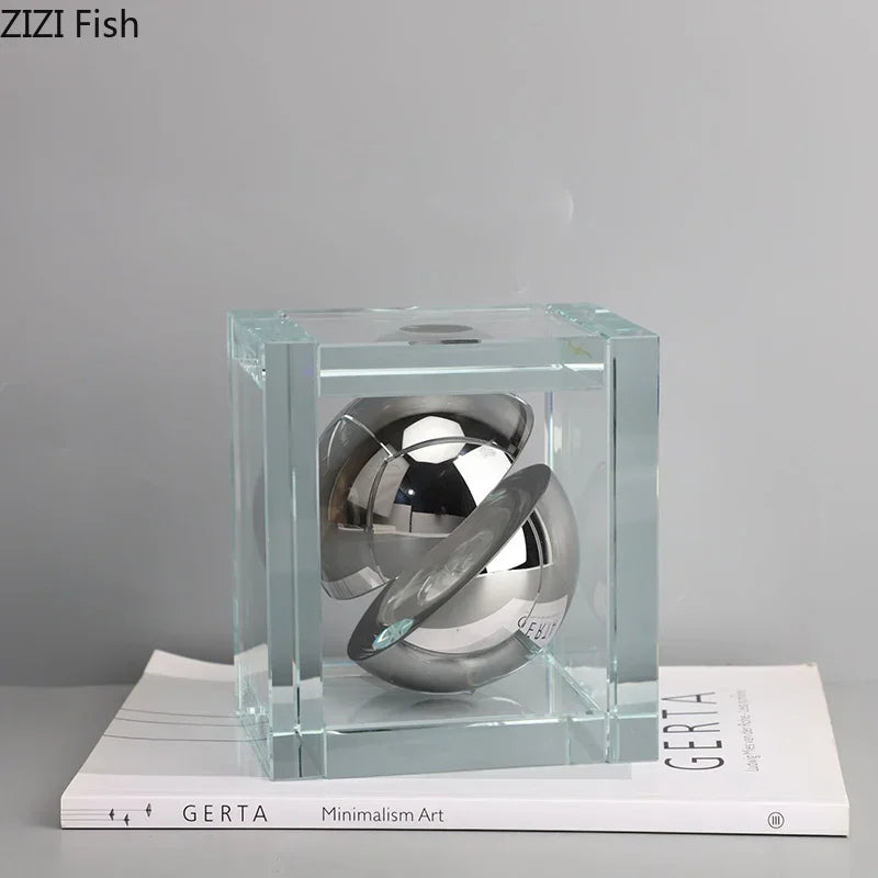 Afralia™ Geometric Silver Block Crystal Ball Desk Decoration - Modern Abstract Art Room Decor