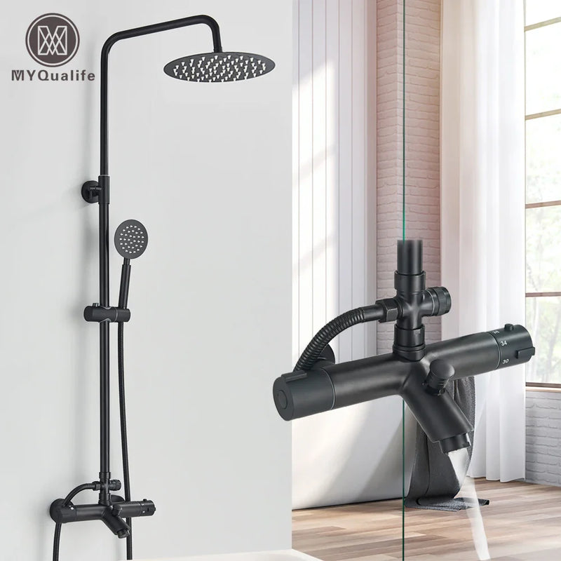Afralia™ Matte Black Thermostatic Shower Faucet Set with Dual Handles and 8" Rainfall Shower Head