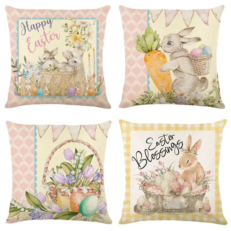Afralia™ Easter Bunny Rabbit Linen Cushion Cover 45x45cm - Flower Print Festival Pillowcase