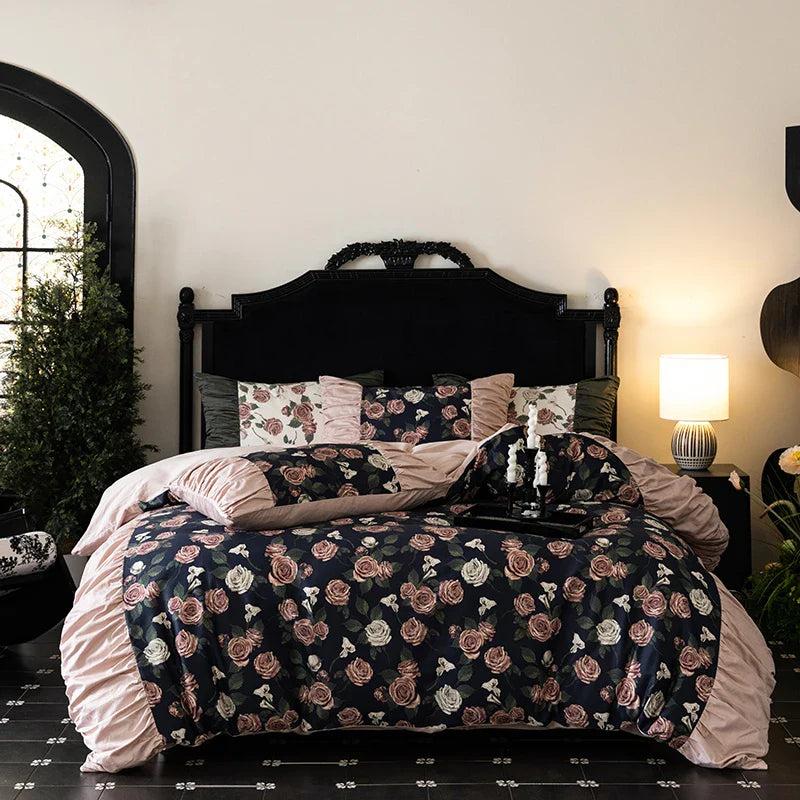 Afralia™ Vintage Rose Print Ruffles Bedding Set: 800TC Egyptian Cotton, Duvet Cover, Sheet, Pillowcases