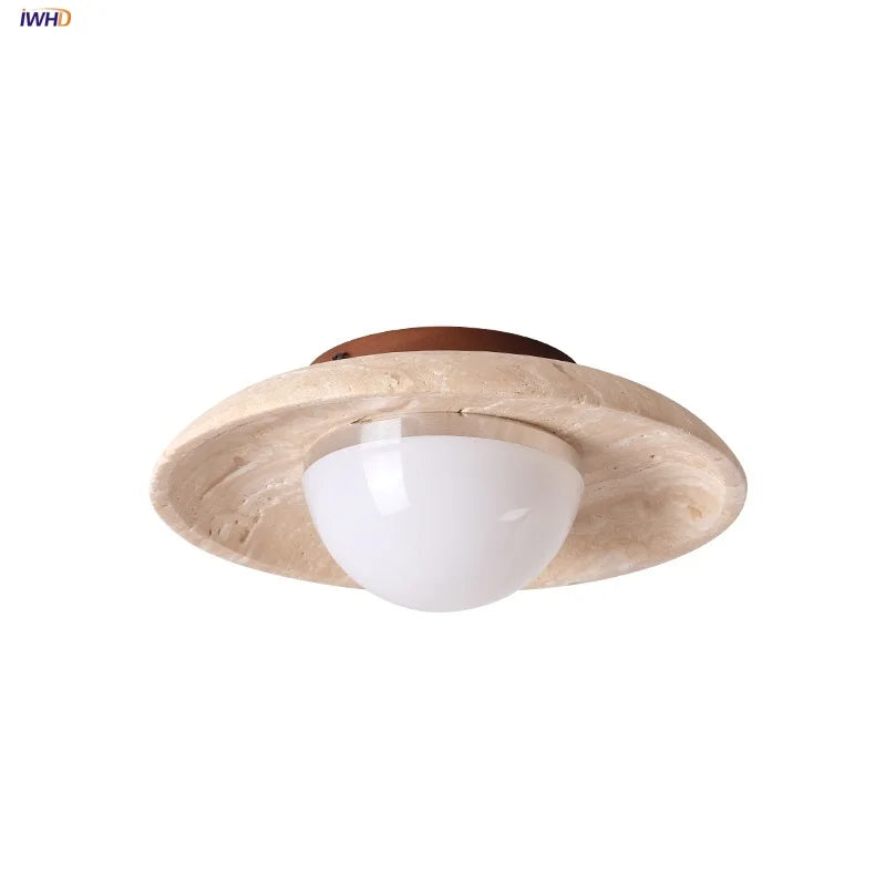 Afralia™ Acrylic LED Ceiling Lamp Yellow Travertine Wood Canopy Wabi Sabi Style