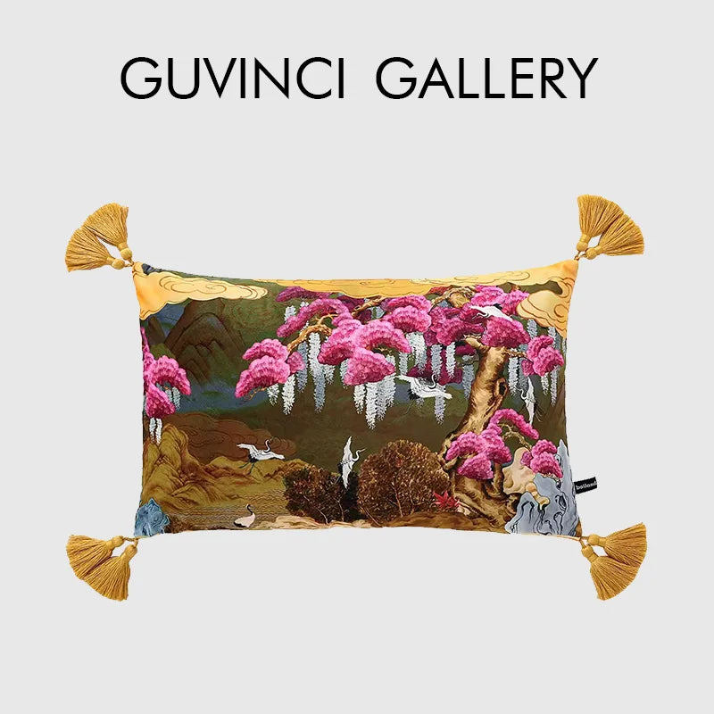 Afralia™ Hill Garden Lumbar Pillow Cover: Chinoiserie Floral Tree Crane Birds Design