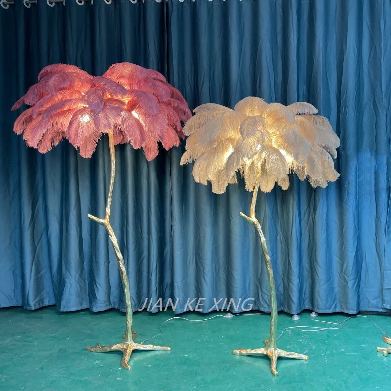 Afralia™ Princess Living Room Luxury Ostrich Feather Floor Lamp in Camel Lush LED Lighting
