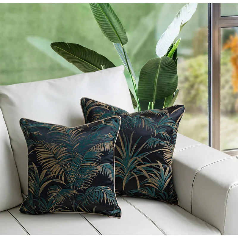 Afralia™ Retro Jungle Leaf Cushion Cover 50x50cm - Green & Black Jacquard Throw Pillow