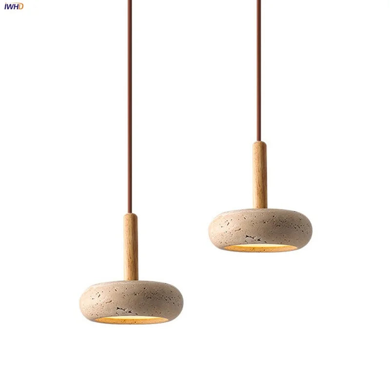 Afralia™ Wood Nordic LED Hanging Pendant Light Yellow Travertine Modern Balcony Bedroom Restaurant
