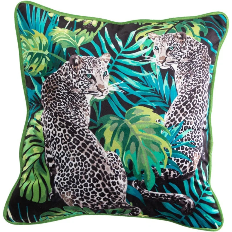Velvet Cushion Cover with Tropical Plants & Palm Leaves Design, Animal Print Tassels by Afralia™