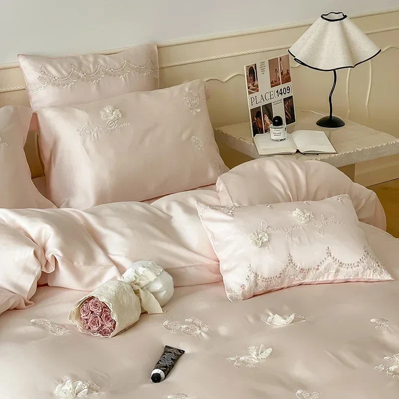 Afralia™ Pink Flower Embroidered Lyocell Bedding Set - High-end Duvet Cover Set