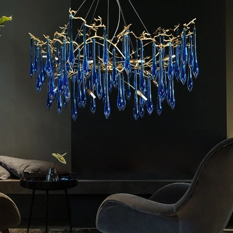 Blue Crystal Chandelier, Customizable Color, Copper Luxury Villa Lighting by Afralia™