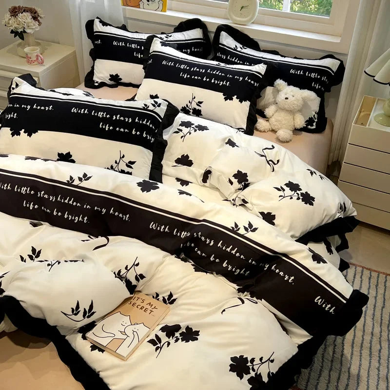 Afralia™ Black White Printed Bed Skirt Bedding Set - Cozy Skin Friendly Linens