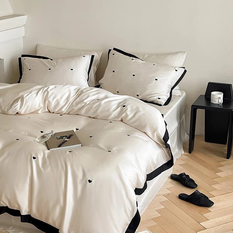 Afralia™ Luxe Heart Embroidered Bedding Set: 100% Lyocell Duvet Cover Set with Sheets