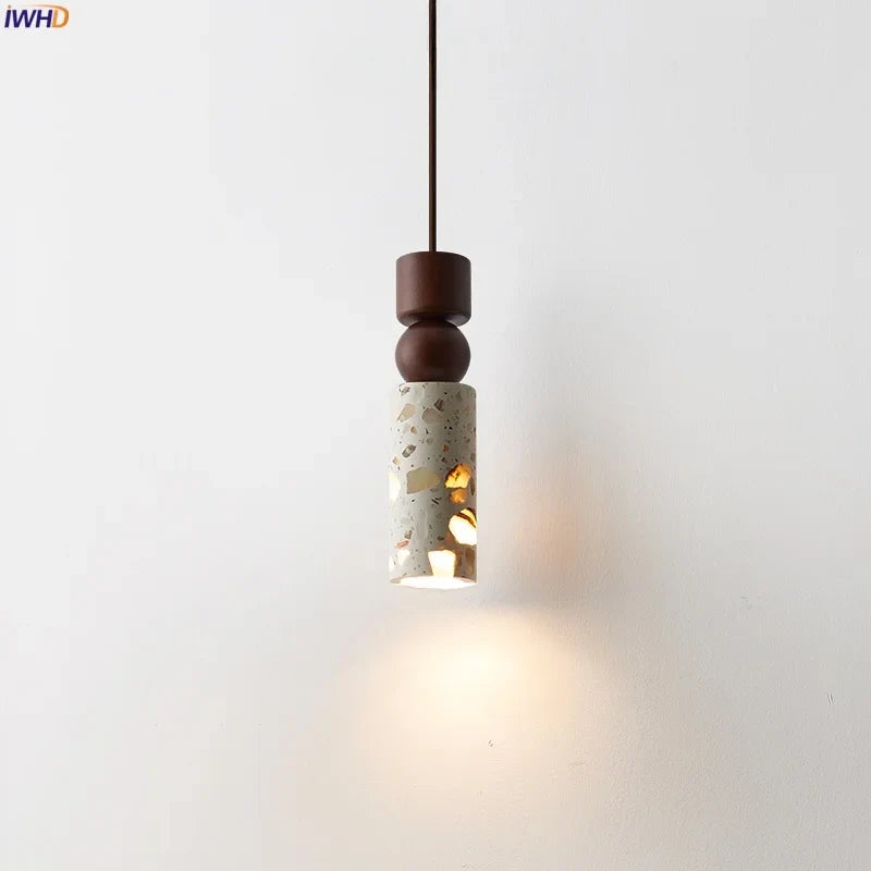 Afralia™ Terrazzo Wood LED Pendant Light for Bedroom Dining Room Japanese Vintage Style