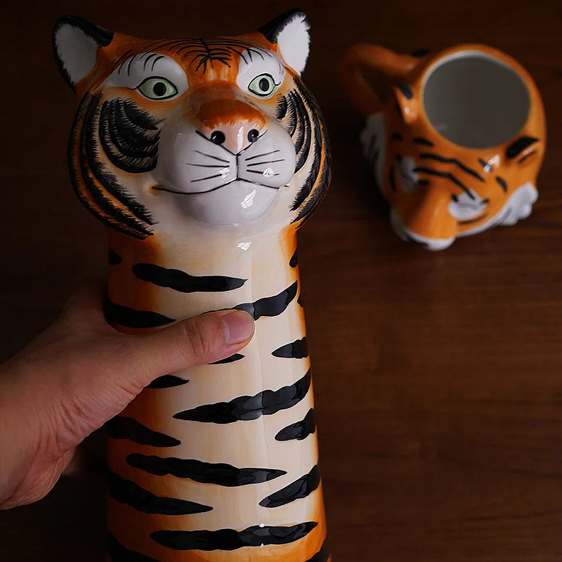 Afralia™ Tiger Head Vase Cartoon Sculpture | Handcrafted Animal Ornament for Home Décor