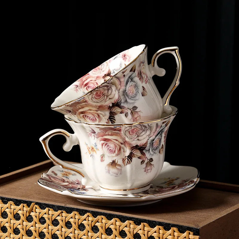 Afralia™ Lace Edge Ceramic Tea Cup & Saucer Set for Dining & Coffee Table
