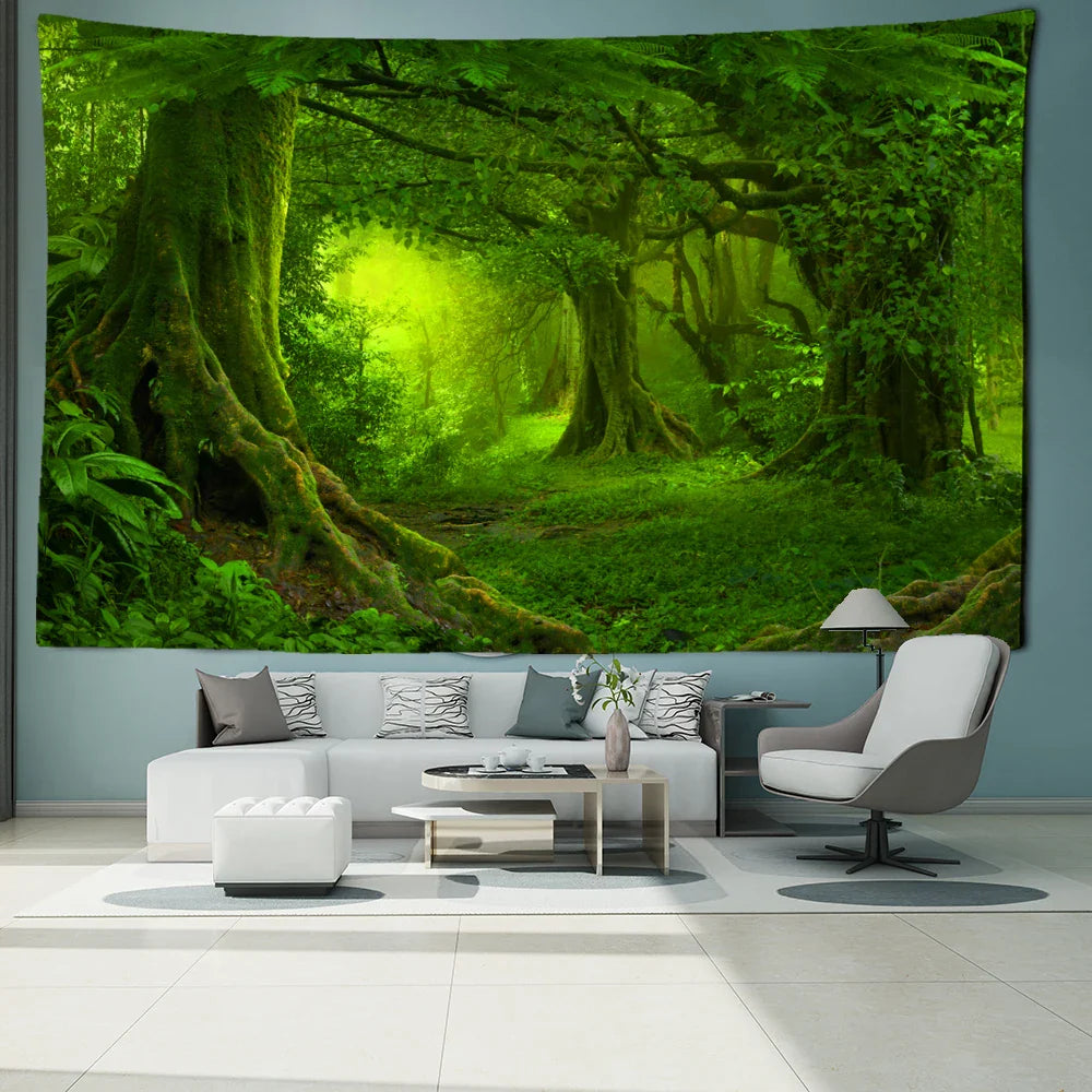 Green Leaf Forest Tapestry Wall Hanging by Afralia™ - Nature Scenery Boho Hippie Decor