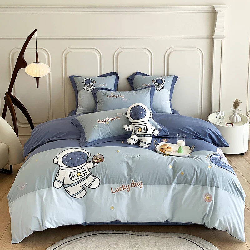 Afralia™ Astronaut Cartoon Embroidery Boys Bedding Set, 100% Cotton, Single Duvet Cover, Bed Sheet, Pillowcases
