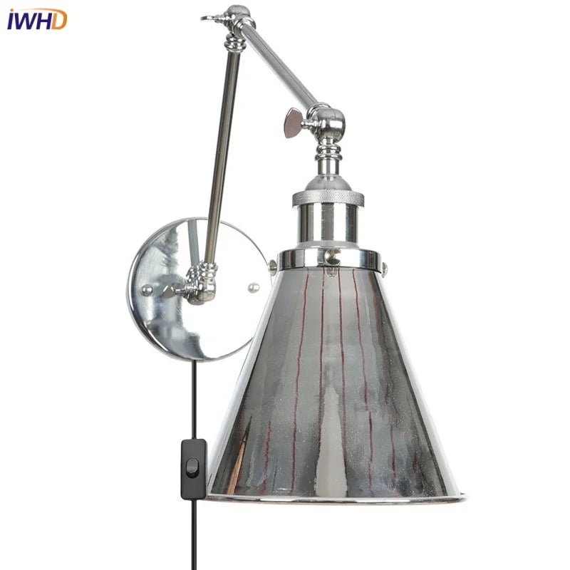 Afralia™ Silver Iron LED Swing Arm Wall Lights, Industrial Style, Plug-In, Stair & Bedside Lamp