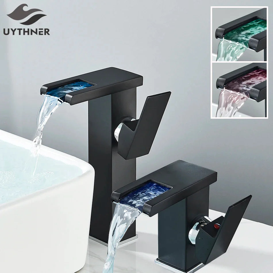 Afralia™ LED Waterfall Bathroom Sink Faucet Hot Cold Mixer Tap Deck Mounted