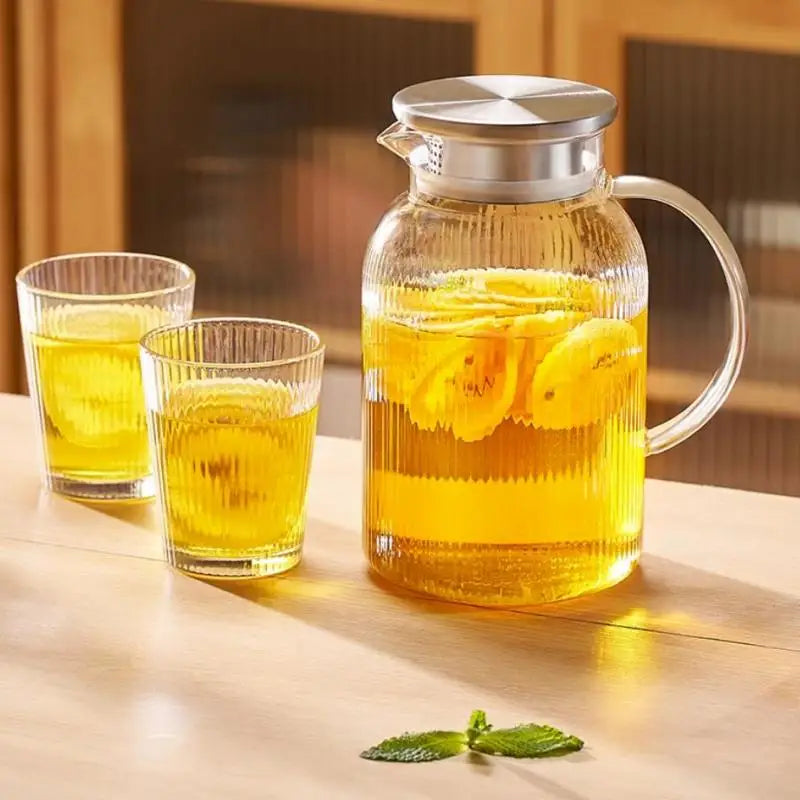 Afralia™ Glass Cold Water Kettle Set: Transparent Stripe Design, Stainless Steel Lid, 1.6L Capacity
