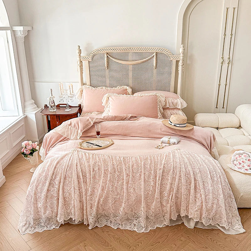 Afralia™ French Lace Ruffles Princess Wedding Bedding Set, Velvet Fleece Duvet Cover Set