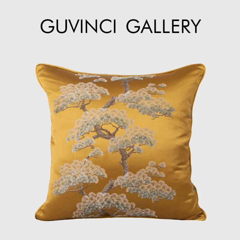 Afralia™ Luxury Gold Silk Satin Pine Tree Throw Pillowcase