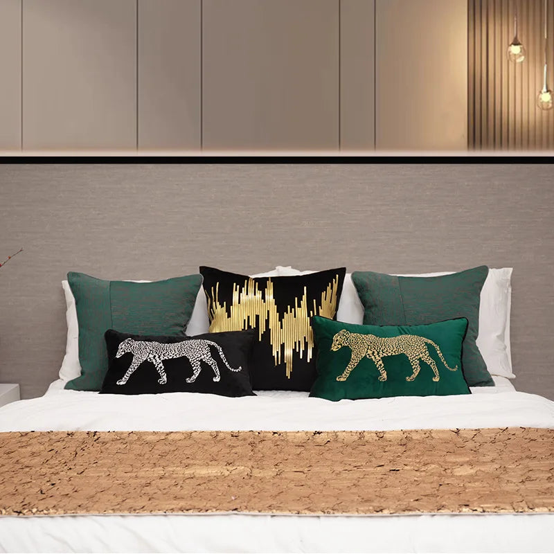 Afralia™ Gold Leopard Embroidered Pillow Cover for Luxe Living Room Decor