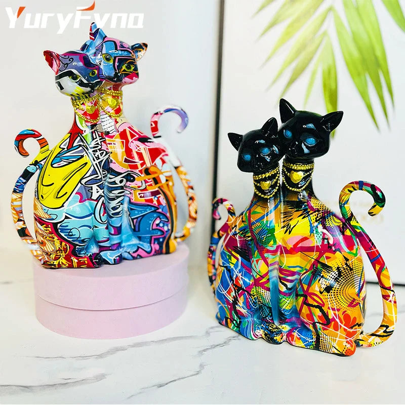 Afralia™ Cat Couple Sculpture: Pop Art Statues for Pet Lovers and Bookcase Decor