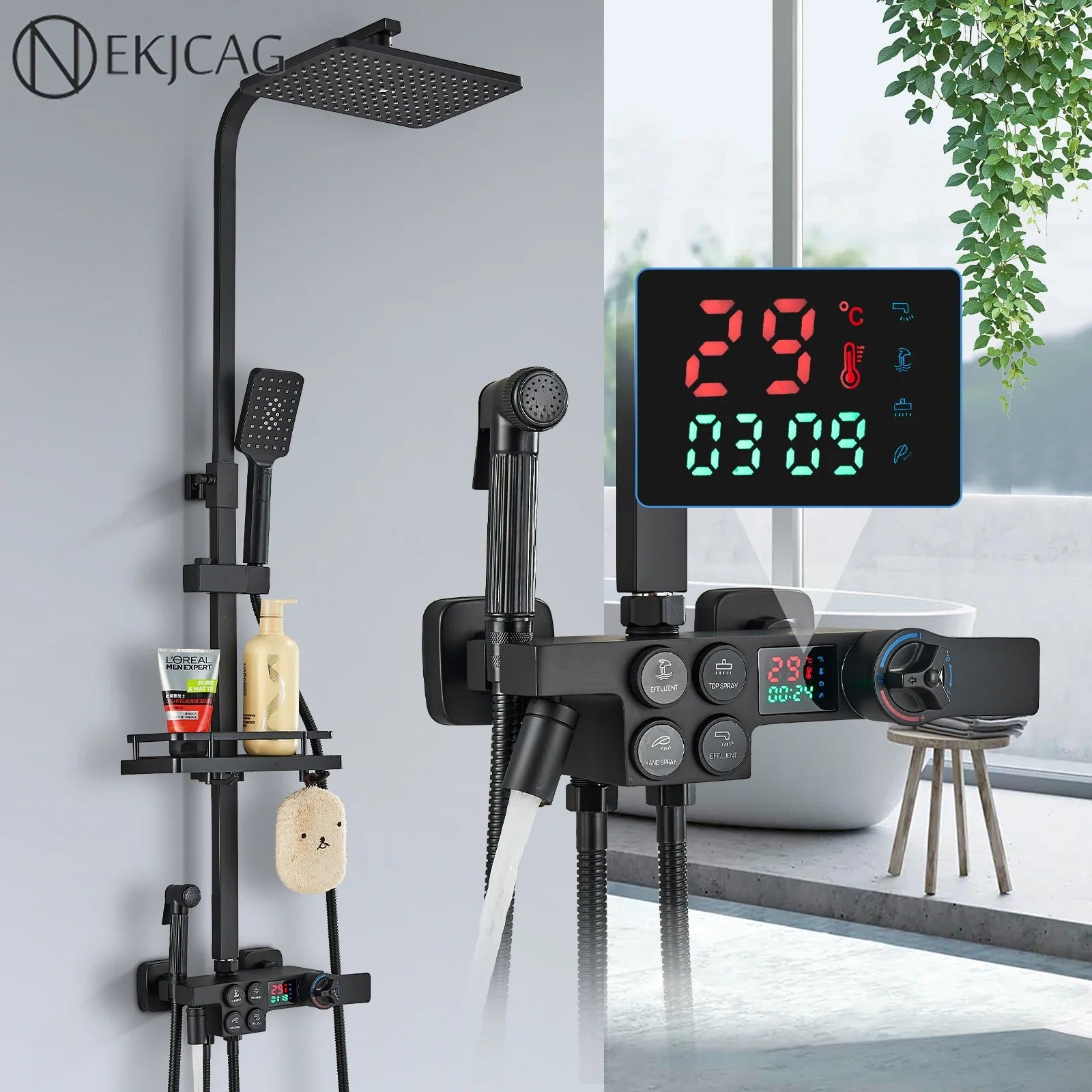 Afralia™ Digital Display Thermostatic Shower Faucet Set, Rain Shower Column, Wall Mount - Black/Chrome