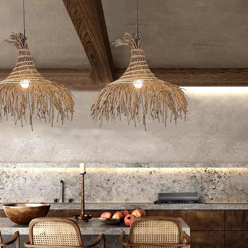 Afralia™ Wabi Sabi Rattan Straw Hat Chandelier Pendant Light