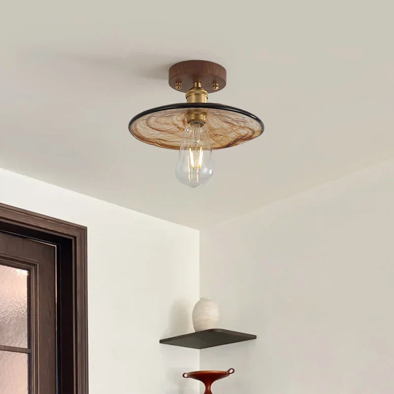 Afralia™ Nordic LED Ceiling Light Amber Glass Wood Brass Flush Mount Lamp