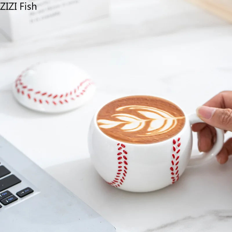 Afralia™ Baseball Shape Ceramic Mug with Lid - Coffee, Tea, Juice Cup