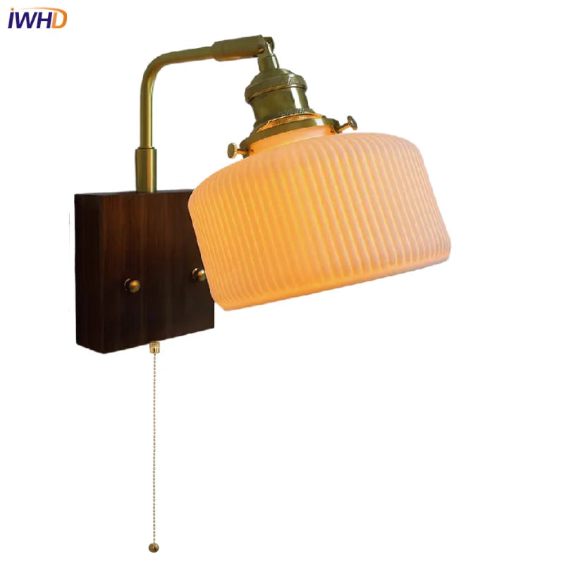 Afralia™ Rotatable Ceramic LED Wall Sconce Nordic Walnut Wood Bedside Lamp