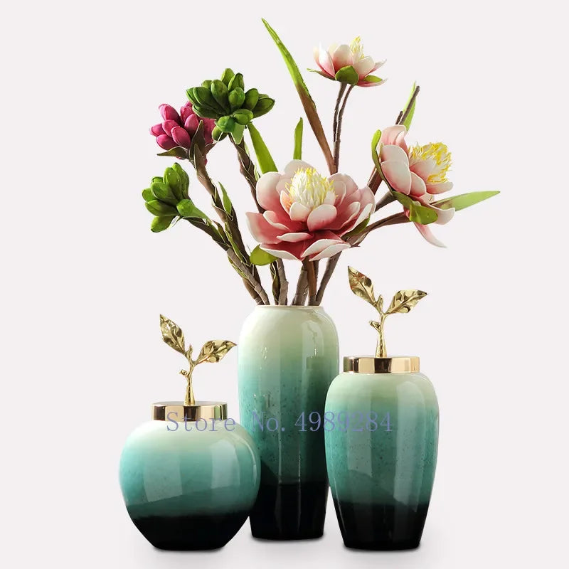 Afralia™ Gradient Ceramic Vase with Golden Leaves Cover for Modern Home Decor and Weddings