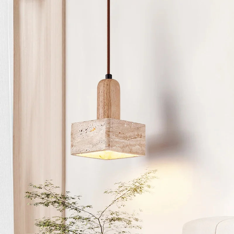 Afralia™ Wood Yellow Travertine LED Pendant Lamp for Wabi Sabi Vintage Decor