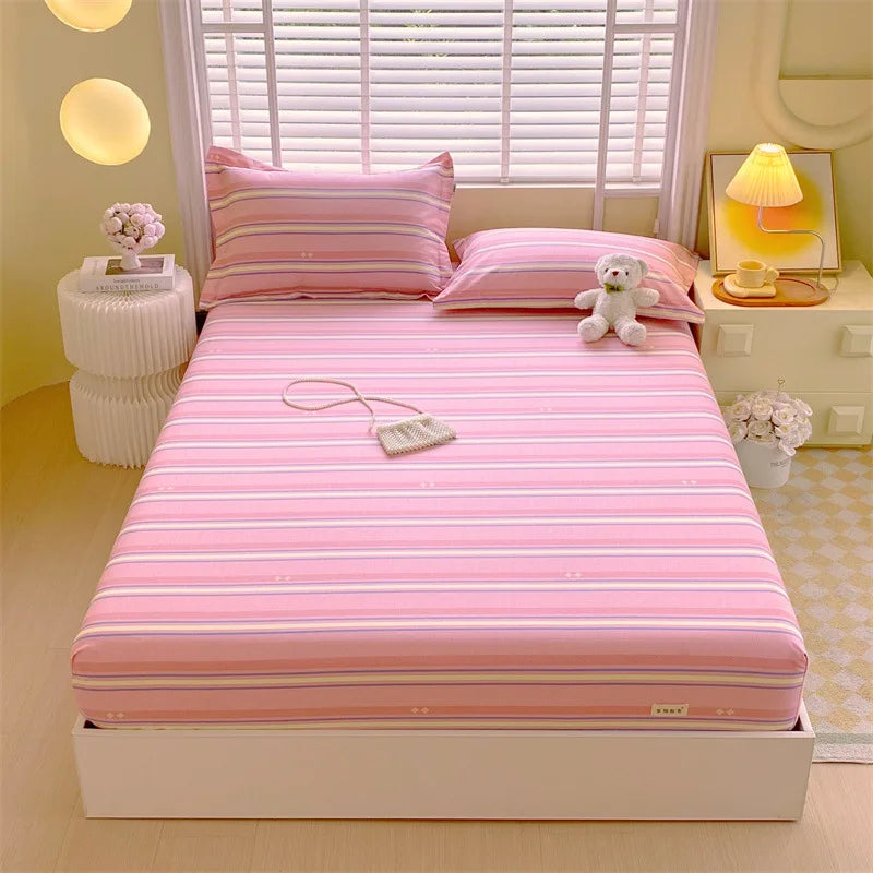Afralia™ Cotton Striped Fitted Bed Sheet for Queen Double Mattress Cover