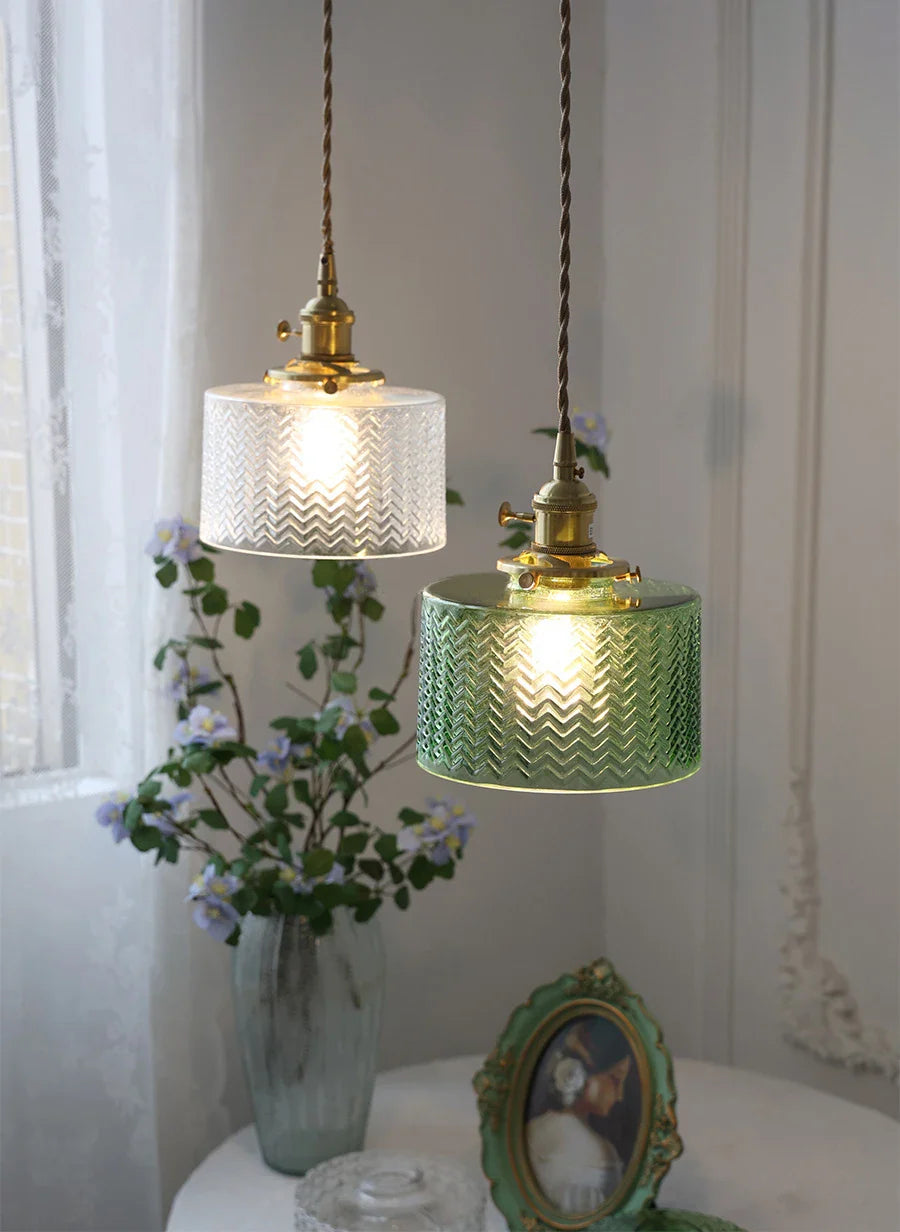 Afralia™ Glass Shade Chandelier Ceiling Lamp for Bedroom Dining Room Green Vintage LED