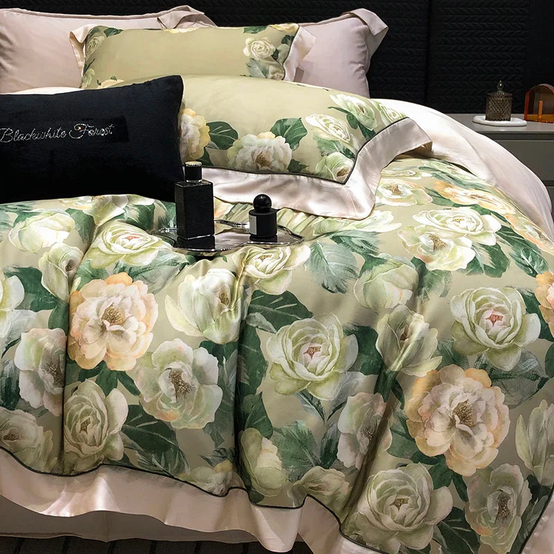 Afralia™ Rose Flowers Bamboo Fiber Bedding Set: Soft & Silky, 1 Duvet Cover, 2 Pillowcases, 1 Flat Sheet